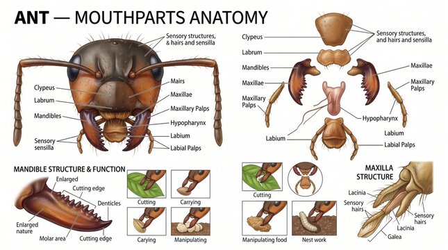 Educational diagram of ant mouthparts anatomy and structure