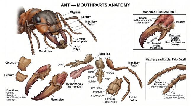 Educational diagram of ant mouthparts and anatomy