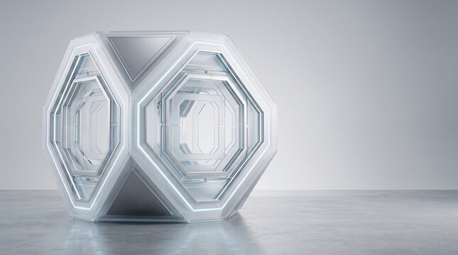 Futuristic geometric pod or capsule with glowing lights and metallic structure in a minimal white studio room