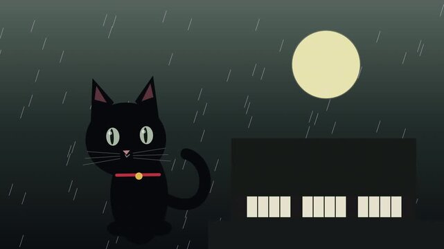 Halloween black cat animation loop on a rainy rooftop