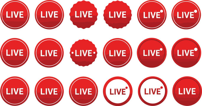Round red live broadcast notification badges and social media buttons