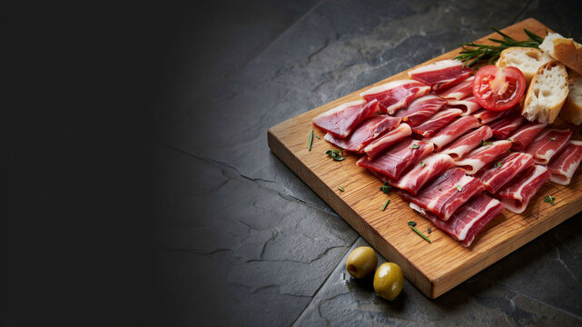 Cured meat slices on wooden board, rustic charcuterie platter with bread and olives, gourmet appetizer on dark slate background with copy space