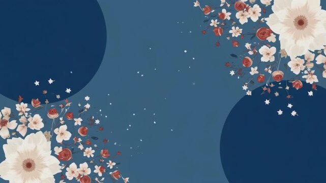 Floral Border White Flower Red Blossom Botanical Arrangement on Blue Background