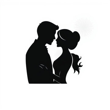 Silhouette of a couple in love embracing against a white background