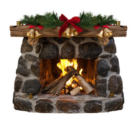 Fototapeta premium PNG Rustic Christmas fireplace with glowing fire, greenery, bells, red bow