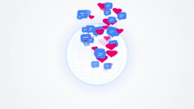 Global social network motion graphic featuring a stylized Earth globe with animated speech bubbles and floating like notification icons on a bright modern background loop