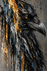 Fototapeta premium Abstract Raven Portrait with Golden Eye and Black Gold Paint Texture