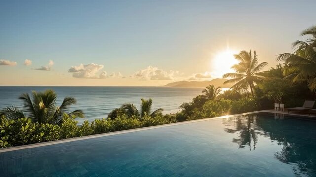 Tropical Ocean Sunset Infinity Pool Palm Tree Reflection Overlooking Coastal CalmVEVENT