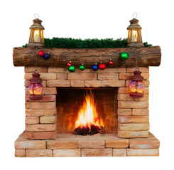Fototapeta premium PNG Rustic Christmas fireplace with glowing lanterns and ornaments
