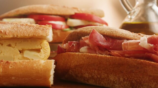 Sandwich assortment of Spanish bocadillos with jamon serrano, tortilla omelette and tomato mozzarella in crusty baguette, close up food for cafe breakfast menu