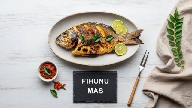 Minimalist Maldivian Fihunu Mas Grilled Whole Fish with Chalkboard Sign on Whitewashed Wood