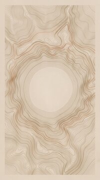 Abstract topographic contour map pattern with circular center on warm beige background