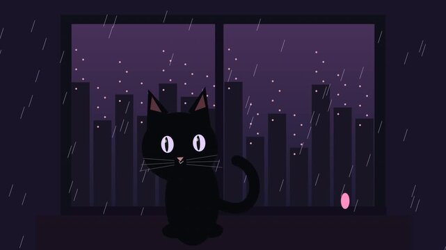 Halloween black cat animation loop in rainy night window scene