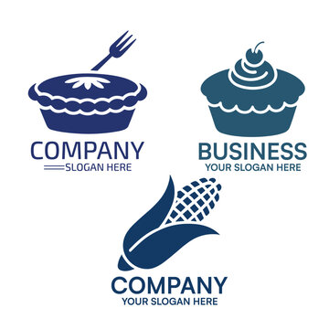 Set of food and agriculture vector logo designs featuring a pie with a fork a decorated cupcake and an ear of corn for culinary business branding