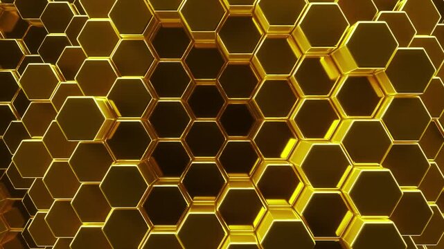 Brilliant gold honeycomb. 3d rendered hex shapes in sleek shiny gold creating a aura of wealth and luxury for glamorous gold backgrounds. Precious shining golden metallic background. 3d render loop.