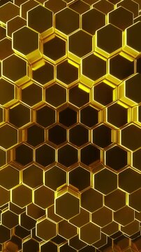 Brilliant gold honeycomb. 3d rendered hex shapes in sleek shiny gold creating a aura of wealth and luxury for glamorous gold backgrounds. Precious shining golden metallic background. 3d render loop.