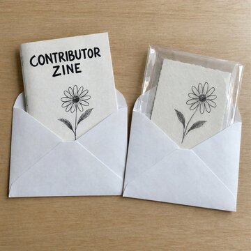 Flat Lay of Contributor Zine and Daisy Art Card in Open Envelopes