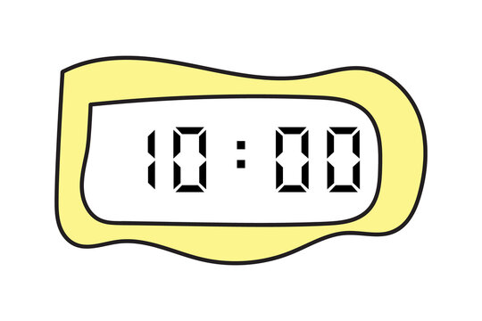 manual scribbles of a yellow digital clock showing 10:00 on a white background