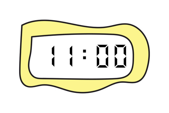 manual scribbles of a yellow digital clock showing 11:00 on a white background