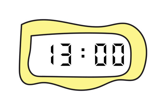manual scribbles of a yellow digital clock showing 13:00 on a white background