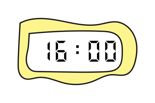 manual scribbles of a yellow digital clock showing 16:00 on a white background
