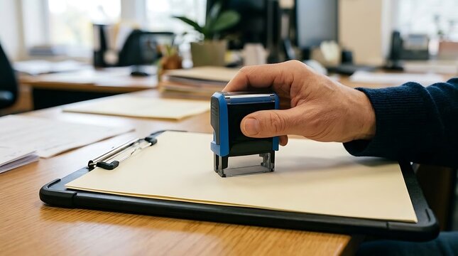 Close up of a business person using a rubber stamp on a document in an office