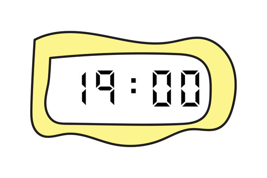 manual scribbles of a yellow digital clock showing 19:00 on a white background