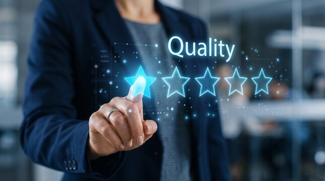 Business person touching a holographic interface to give a five star rating for quality service improvement