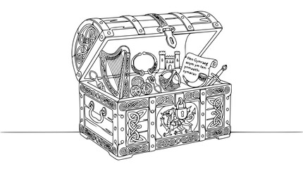 Open Treasure Chest Filled with Medieval Artifacts and Fantasy Items © Atul