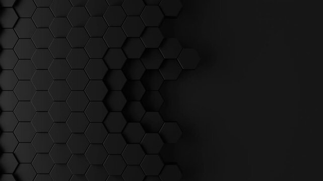 Black background of patterned hexagons. Smooth 3d rendered hex shapes creating a visual of sleek shadowy motion for an abstract background presentation template with blank right half. 3d render Loop.