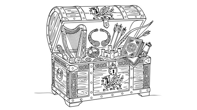 Fantasy Treasure Chest Overflowing with Ancient Artifacts, Weapons, and Jewelry