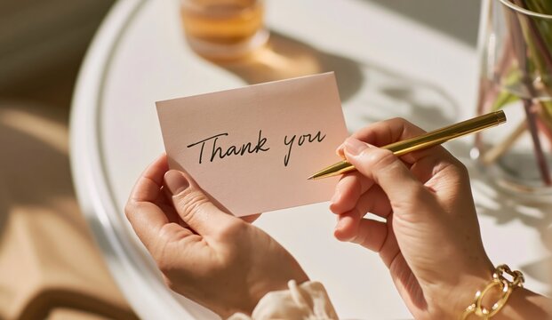 Writing a thank you note with a golden pen by woman hands showing gratitude and appreciation