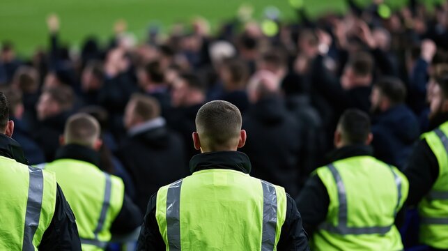 Security guards in high visibility vests monitoring a cheering crowd at a football match stadium