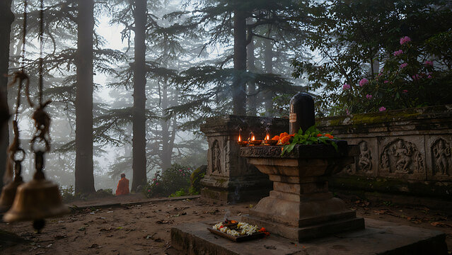 The image shows a carved stone Shiva Lingam on an outdoor altar, surrounded by a pine forest, incense smoke, and small lit oil lamps