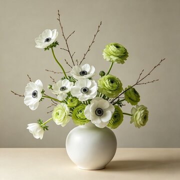 Modern minimalist floral arrangement with white anemones and green ranunculus in round white ceramic vase