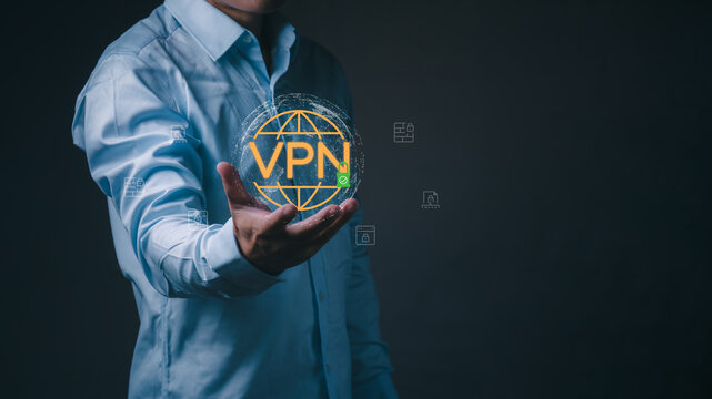Businessman holds virtual VPN with secure globe network for cyber security, data privacy, internet safety, and encrypted cloud connection in modern digital workspace background.