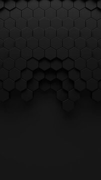Black background of patterned hexagons. Smooth 3d rendered hex shapes creating a visual of sleek shadowy motion for an abstract background presentation template with blank space. 3d render Loop.