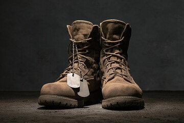 Fototapeta premium Military combat boots with hanging dog tags on concrete representing soldier service sacrifice