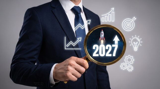 Businessman holding magnifying glass showing year twenty twenty seven prediction
