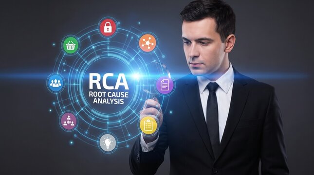 Businessman examining root cause analysis diagram with modern digital technology