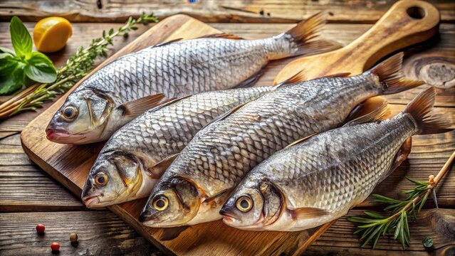 Silvery scales glisten amidst crisp white fish cuts laid artfully on a weathered wooden cutting board in morning light