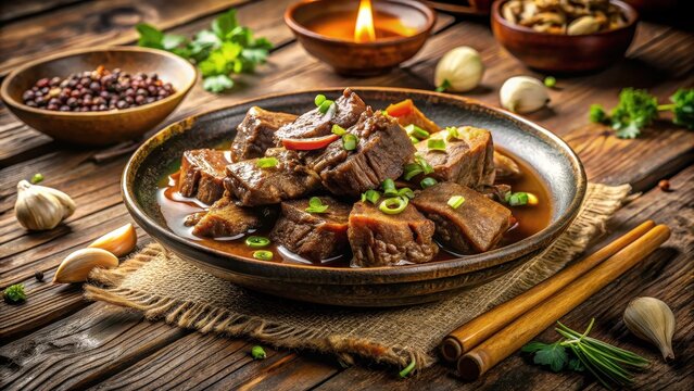 Soft golden light illuminates tender taiwanese braised beef shank slices on worn wooden table amidst rustic earthy tones