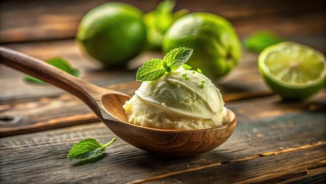 A delicate spoonful of key lime pie ice cream atop a vintage wooden spoon frozen in golden light