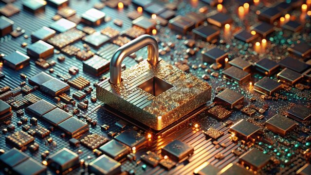 Tiny metallic fragments assemble on a sleek console forming an intricate mosaic of shielded code and encrypted data