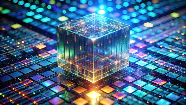 A pulsating iridescent cube floats above a sea of code radiating the enormity of digital information