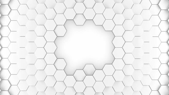 White background of patterned hexagons. 3d rendered hex shapes creating a bright visual of gentle motion for an abstract background presentation template template with blank center. 3d render. Loop