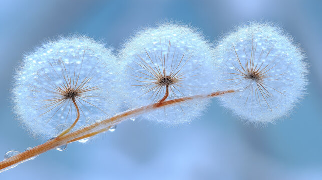 Three Dandelion Seed Heads Covered in Dew Drops on a Thin Stem with a Soft Blue Background