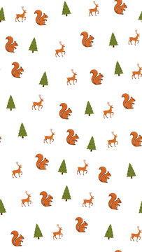 Seamless pattern of squirrels, deer, and pine trees