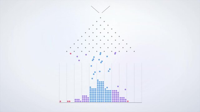 Clean White Galton Board Simulation with Blue Balls Dropping into Gaussian Bell Curve Histogram, Probability Distribution Explainer for Math Lessons and Data Reports. Seamless Loop