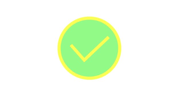 Animated green circle with yellow checkmark sliding in on white background, success approved confirmation motion graphic